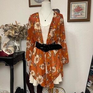 Rust Floral Sheer Kimono Cardigan